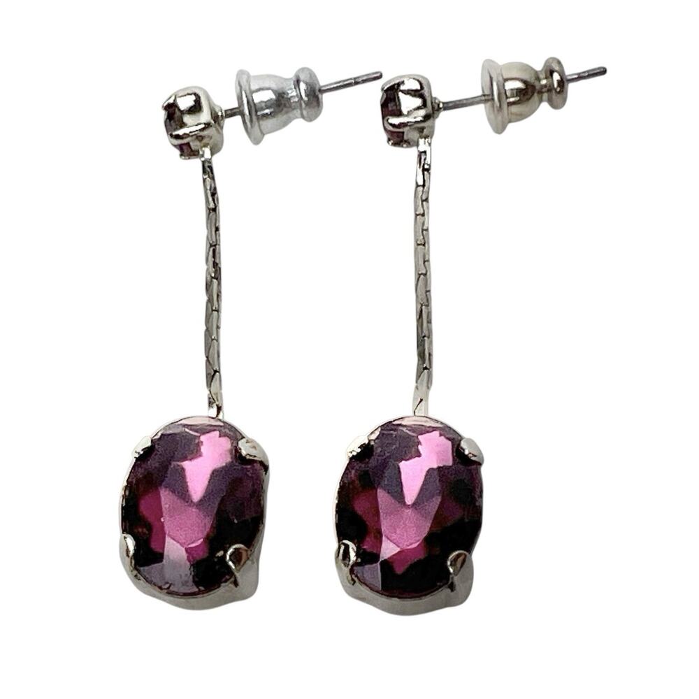 Dangle Pierced Earrings Purple Rhinestones Faceted Oval Silver Tone Drop Sparkly